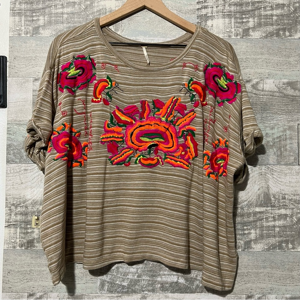 Free People Catalunya Mushroom Blouse Shirt embroidered Top Ladies SMALL